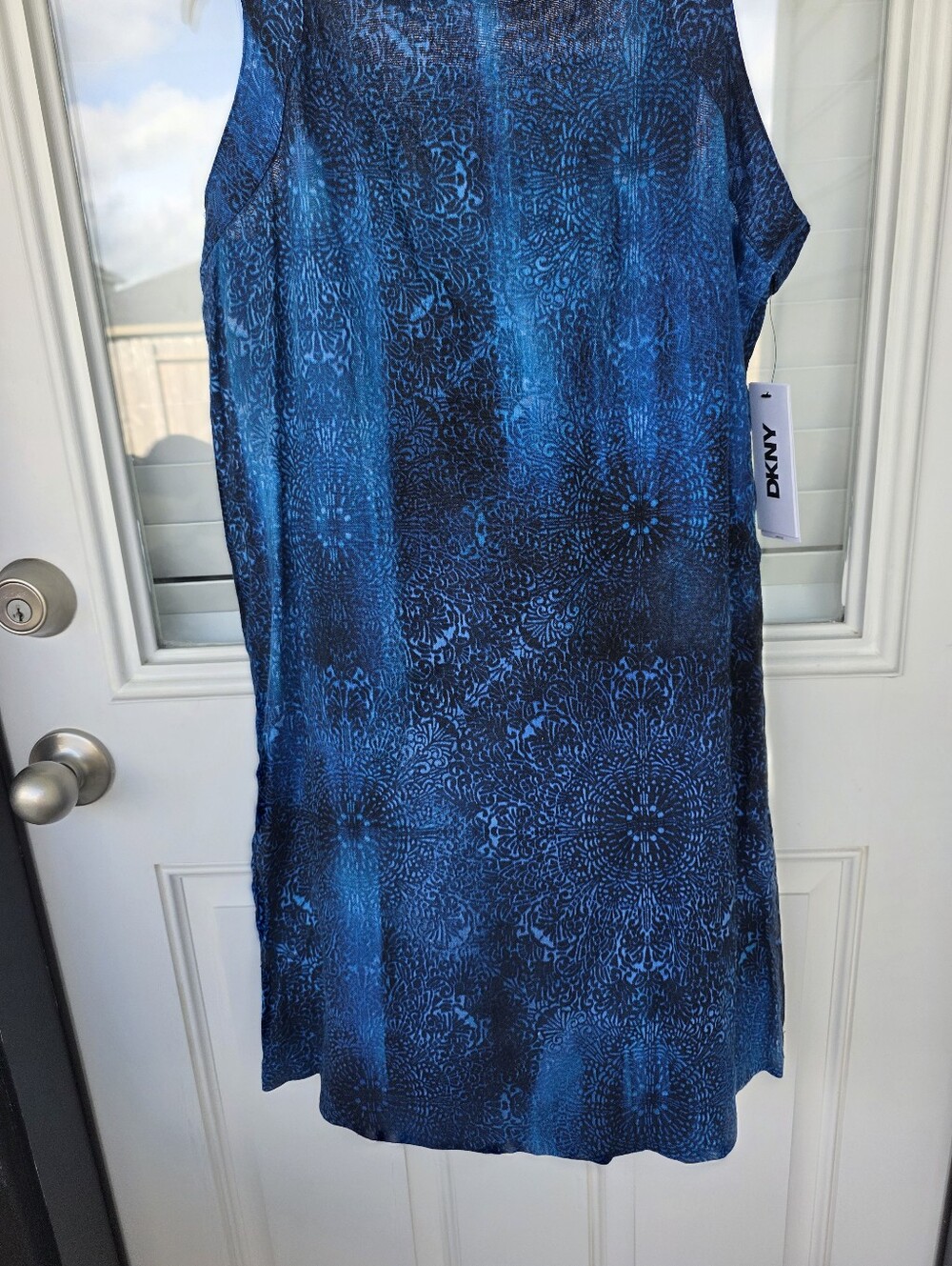DKNY Blue Printed Shift Dress Size 10P Sleeveless Knee Length Bow NWT $138 - Picture 4 of 9